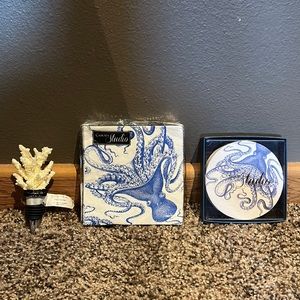 pottery barn coral wine cork / caskata studio’s octopus napkins & coasters